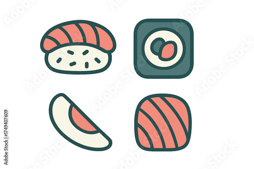 Set of four colorful stylized sushi icons including nigiri, maki roll, and sashimi pieces