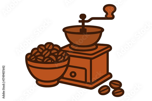 Classic wooden coffee mill with a handle next to a bowl overflowing with aromatic coffee beans