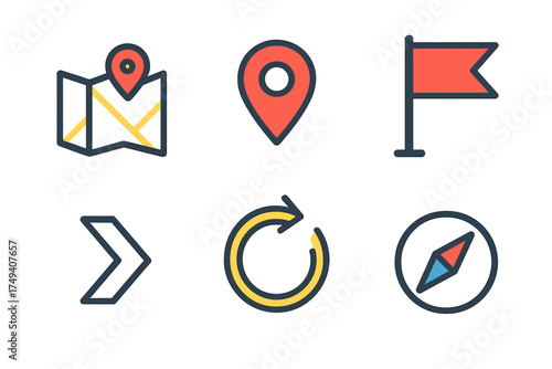 Free Download Outline style icons for GPS location tracking, directional guidance, map pin, and flag - GFXLoad
