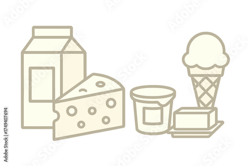 Collection of essential dairy products including milk, cheese, butter, yogurt, and ice cream