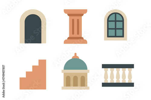 Classical architectural elements set featuring column, pedestal, arched window, dome, and balustrade