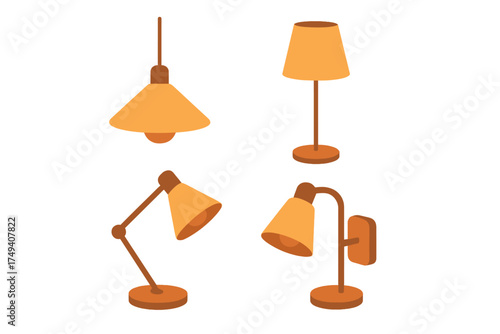 Set of four different indoor lighting fixtures including table, desk, wall, and pendant lamps