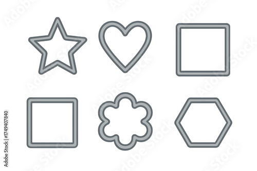 Set of six basic cookie cutter shapes including star heart square and hexagon outlines