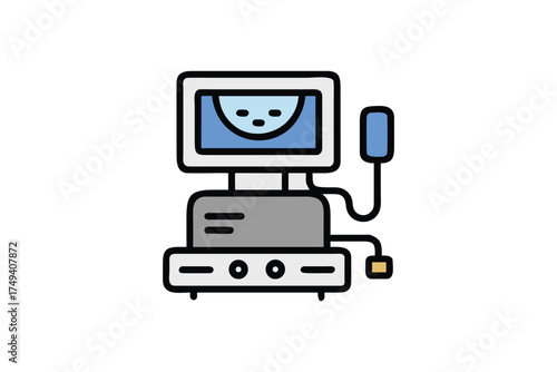 Medical ultrasound machine with a simple cat face on the screen silhouette