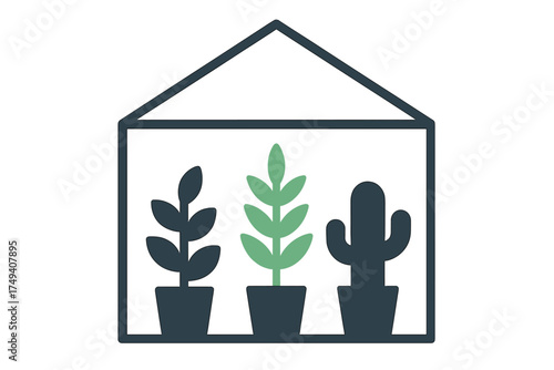 Minimalist outline of potted houseplants and a cactus inside a simple greenhouse structure