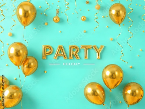 Golden balloons and confetti create a festive atmosphere for a holiday party on a vibrant turquoise background, celebrating special moments with style and flair.