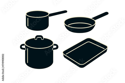 Isometric view of essential kitchen cookware set including pot, saucepan, frying pan, and baking tray