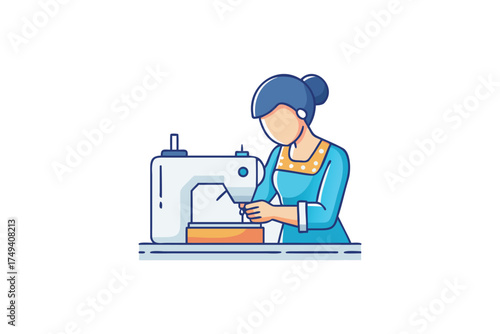 Woman diligently sewing with a machine a charming artistic silhouette