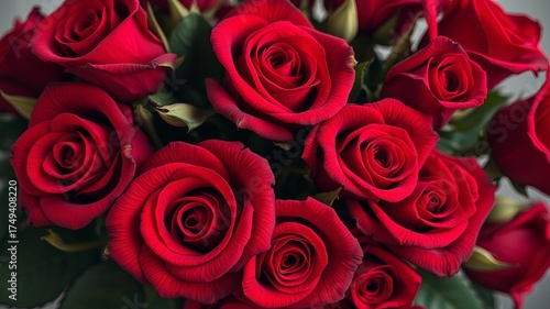 A luxurious bouquet of deep red roses showcases their velvety petals and romantic elegance, ideal for expressing love and celebrating special occasions.