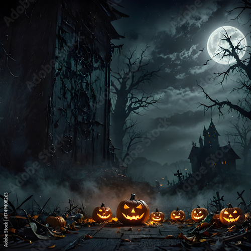 Spooky Halloween Night with Glowing Jack O Lanterns and Haunted House Under Full Moon
