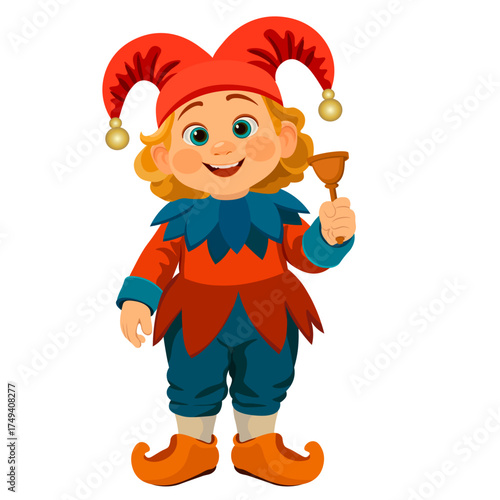 A buffoon boy with a bell without a background