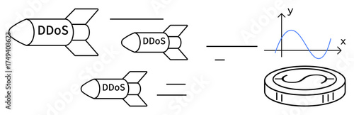 DDoS missiles signify cyberattacks targeting financial systems and data with a graph showcasing analytical challenges. Ideal for cybersecurity, finance, risk management, data protection, hacking