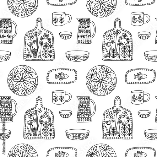 Tableware hand drawn vector seamless pattern. Hand drawn cutting board and plates pattern. Kitchen utencils background
