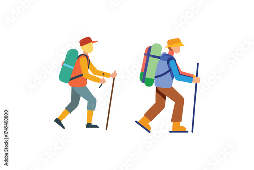 Two hikers walking with backpacks and poles flat vector illustration silhouette