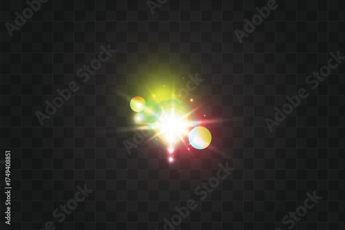 Sun-like Lens Flare Effect: Exploding Light Burst with Yellow, Red, and Green Halos