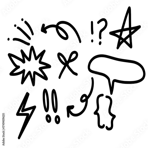 set of black and white icons, set of hand drawn ink splashes, set of hand drawn arrows
