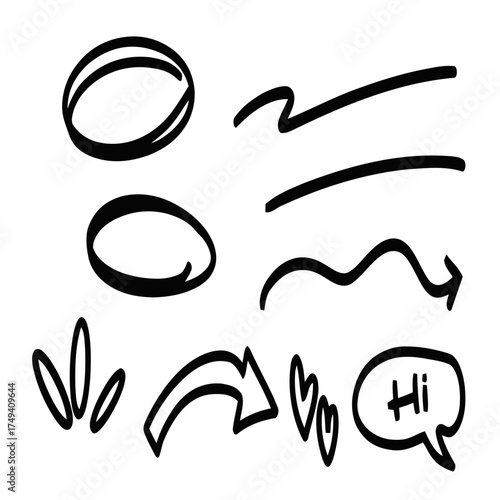 set of black and white icons, set of hand drawn ink splashes, set of hand drawn arrows
