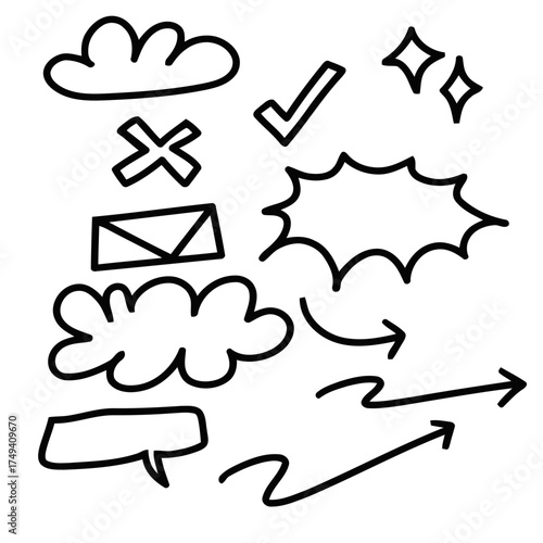 set of black and white icons, set of hand drawn ink splashes, set of hand drawn arrows
