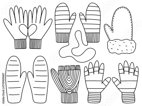 Mittens and gloves sketch set. Hand drawn vector set of knitted mittens and gloves