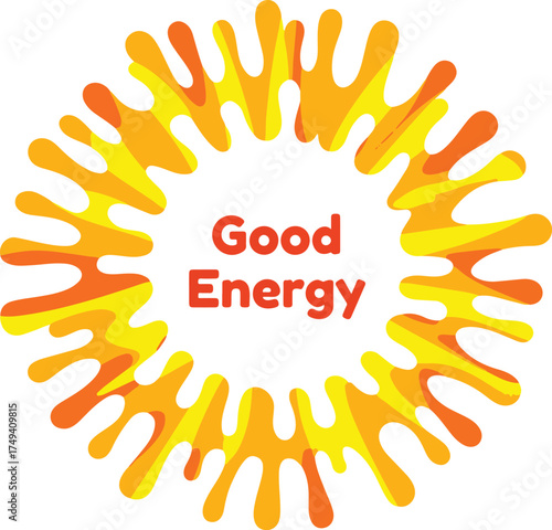 Radiant good energy symbol with warm orange yellow splashes and text vector