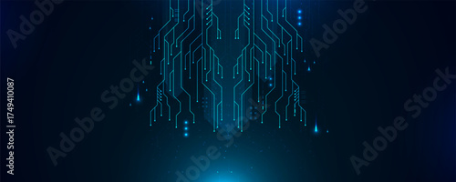 Futuristic technology design with glowing blue circuit board. Abstract digital data stream and network connections, high-tech computer system, software code, and cyber security illustration. Vector co