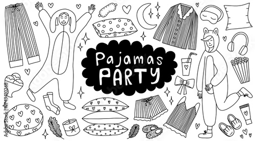 Pajamas party doodle set. Hand drawn vector set of sleeping elements, pajamas, pillows