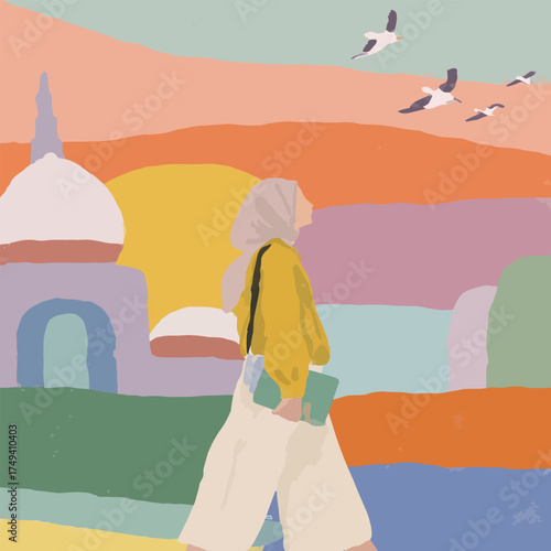 Peaceful watercolor scene of a mosque courtyard at sunset with a Muslim woman wearing a hijab - vector illustration