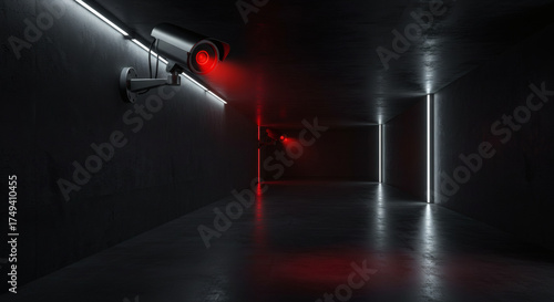 Surveillance State Modern Security in a Dark Corridor, Illuminated by Red Laser Beams