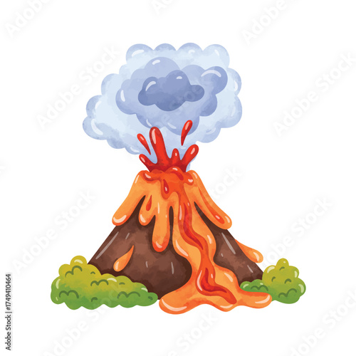 Volcanic eruption vector illustration, volcano clip art, clip art volcano, volcano eruption vector image, watercolor painting style, isolated on white background