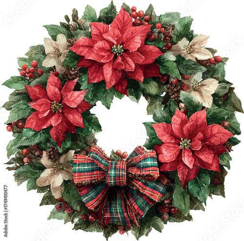 Charming watercolor Christmas wreath decorated with red poinsettias and plaid ribbon in farmhouse holiday style - vector illustration
