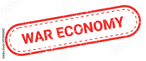 Red grunge text WAR ECONOMY inside oval rubber stamp isolated on transparent background. Global trade bans, government restrictions, tariffs, financial blockade, economic warfare. Vector symbol, sign