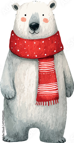 Delightful watercolor drawing of a cute cartoon polar bear wearing a Christmas scarf and smiling joyfully - vector illustration