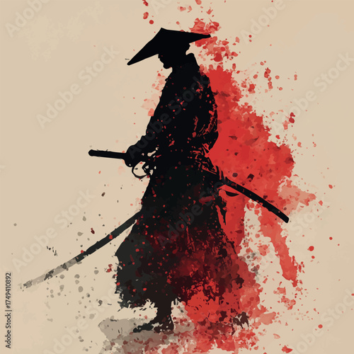 Majestic watercolor silhouette showing a samurai in focused stance holding a katana blade with serene determination - vector illustration