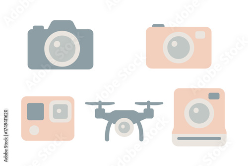 Modern photography equipment icons featuring digital cameras action cam and aerial drone set