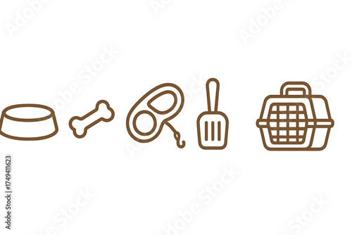 Essential pet accessories outline set for dog and cat care including feeding bowl bone leash and crate
