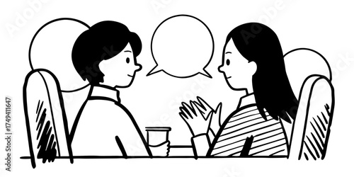 Two people conversing with a speech bubble above them and one holding a cup in a black and white sketch on transparent background