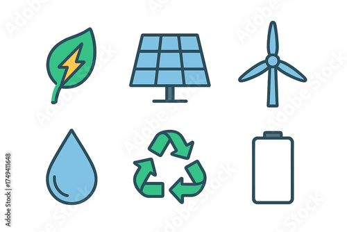 Renewable energy and environmental conservation symbols: solar, wind, recycling, battery, water