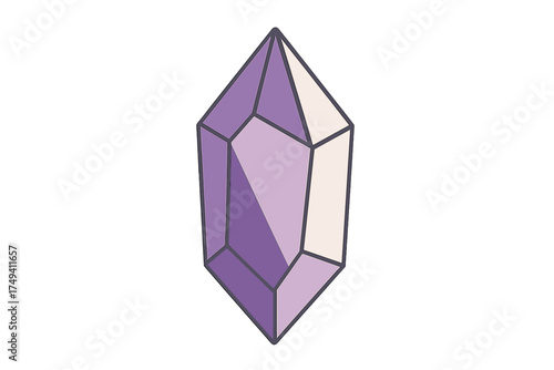 Stylized purple gemstone with facets and dark outlines isolated on white background