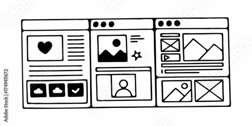 Three web browser windows displaying different user interface layouts with various icons and elements present on transparent background