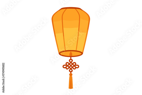 Traditional glowing orange Chinese lantern with decorative knot and tassel isolated on white background