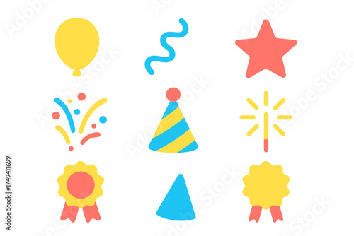 Colorful collection of celebration icons: party hats, balloon, confetti, sparkler, star, and award ribbons