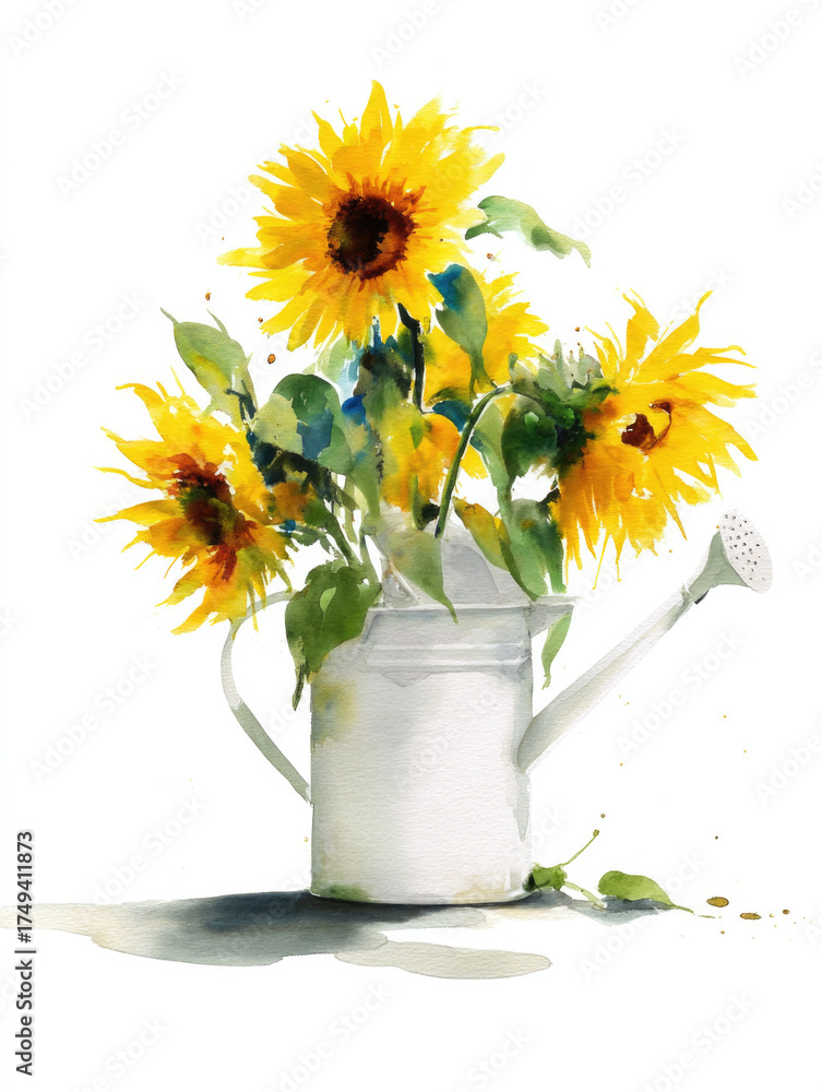 Fototapeta premium Watercolor sunflowers in a white watering can, with neutral colors on a clean, solid white background.-
