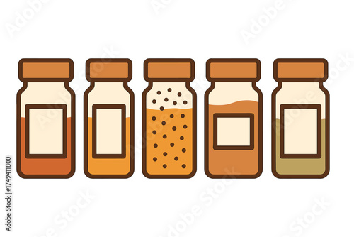 Stylized row of five glass jars containing various cooking spices and granular ingredients