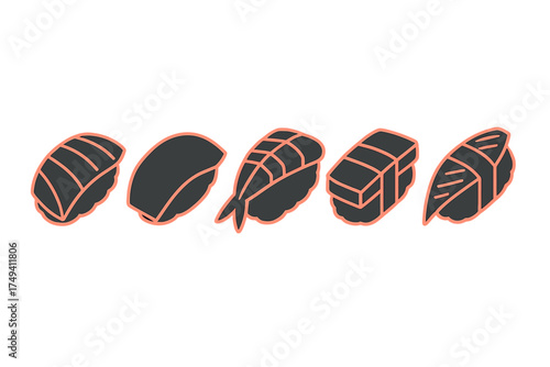 Minimalist set of five traditional Japanese sushi and nigiri pieces arranged horizontally