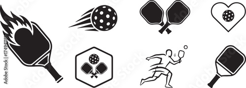 Pickleball Paddle Ball Elements Set Flaming Action Heart Shaped Sports Icons