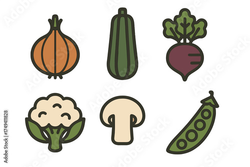 Fresh organic vegetable and fungi icon collection featuring onion zucchini beet cauliflower mushroom and pea pod
