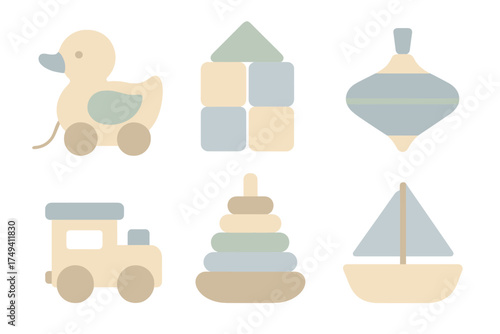 Assortment of classic wooden toys for children featuring a duck, train, building blocks, and stacking rings