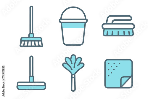 Essential household cleaning supplies icons set featuring broom bucket scrub brush duster