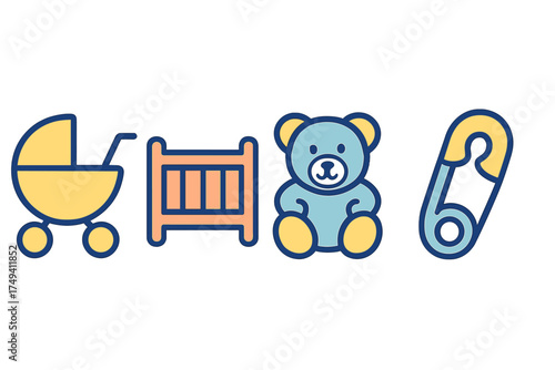 Essential baby items: stroller, crib, teddy bear, and safety pin objects