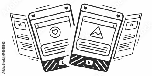 Sketch of two mobile phones displaying different content with additional screens behind them in black and white on transparent background
